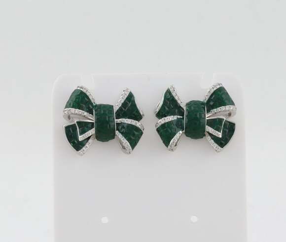 Unbranded Jewelry - Sterling Silver Green & White Cubic Zirconia Bow Earrings 5/8" x 7/8" inch